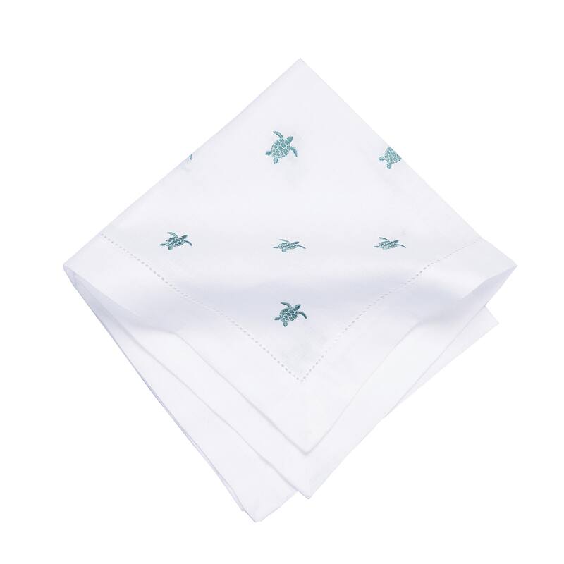 20" x 20" Aqua Turtle Embroidered Machine Washable Hemstitch Napkins Set of 6 - Blue