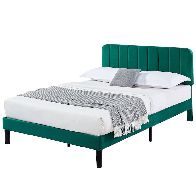 VECELO Velvet Upholstered Bed Frame with Vertical Channel Tufted Headboard, Adjustable Headboard, Wooden Slats Support
