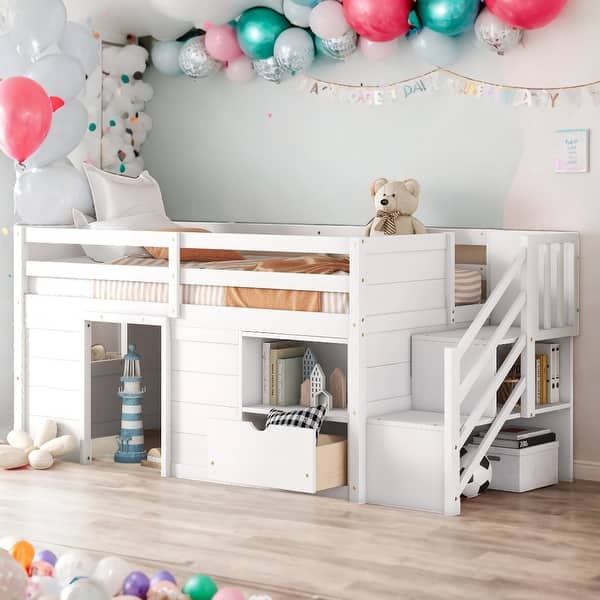 slide 2 of 24, Twin Size Multiple Functional Low Loft Bed With Drawers for Home White