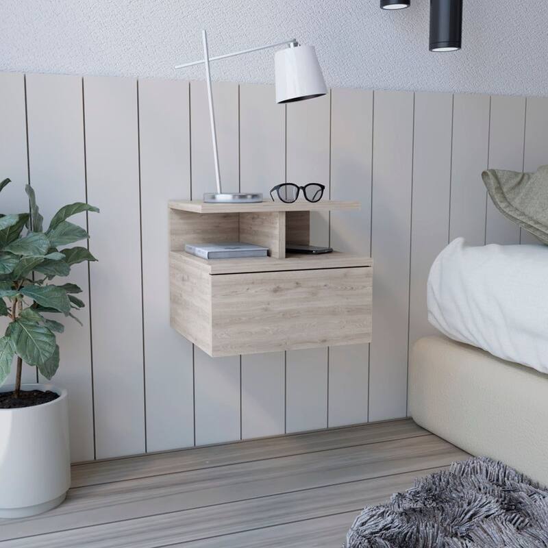 Adele Floating Nightstand with Open Shelf, Drawer, White - Light Gray