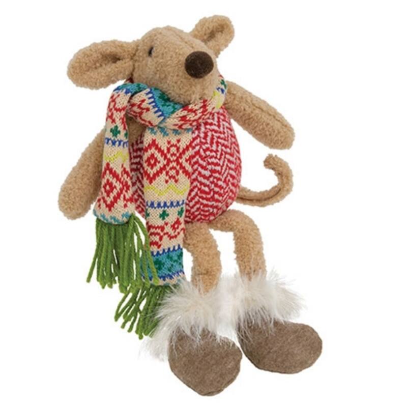 Plush Chevron Mouse Shelf Sitter Christmas Decoration - 5.50" x 8.25" x 12.25" - Light-Brown