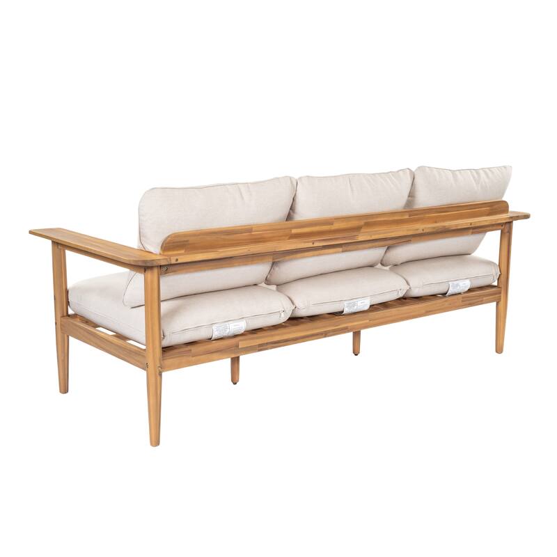 Roomfitters Terassi Outdoor Acacia Wood 3 Seater Sofa with Cushions, Light Teak Finish and Beige