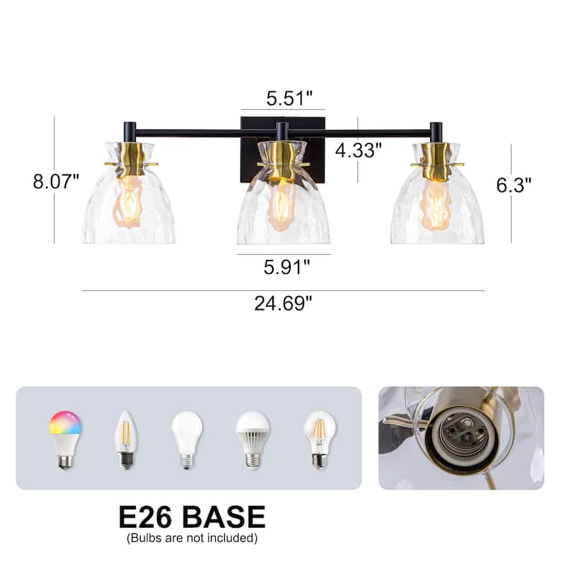 Starsky Mid-Century 3-Light Bathroom Vanity Light with Hammered Glass