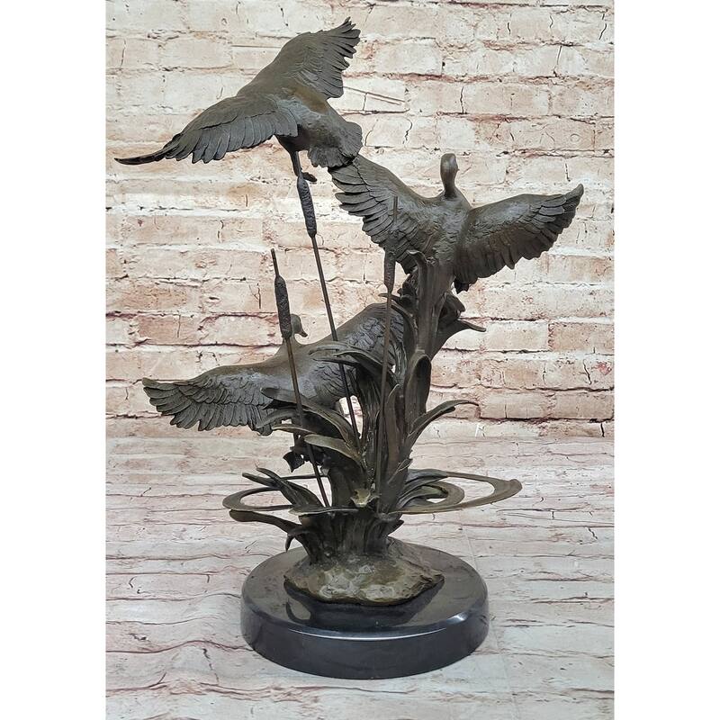 Flying Ducks In The Reeds Bronze Sculpture Statue Wildlife Decor On Marble Base