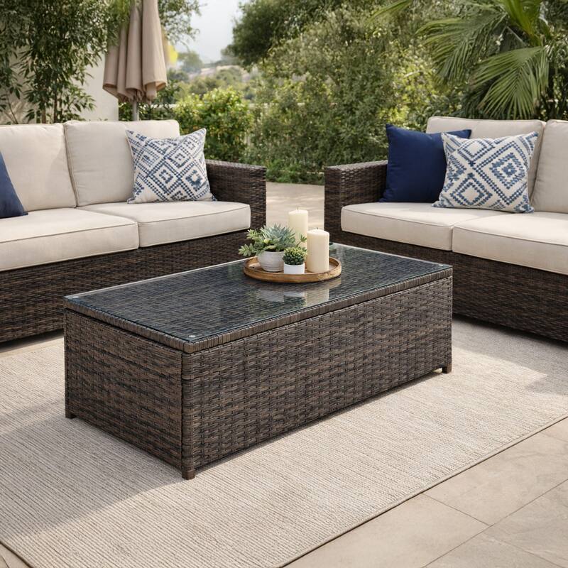 Rectangular Faux Rattan and Aluminum Coffee Table with Glass Top, Brown