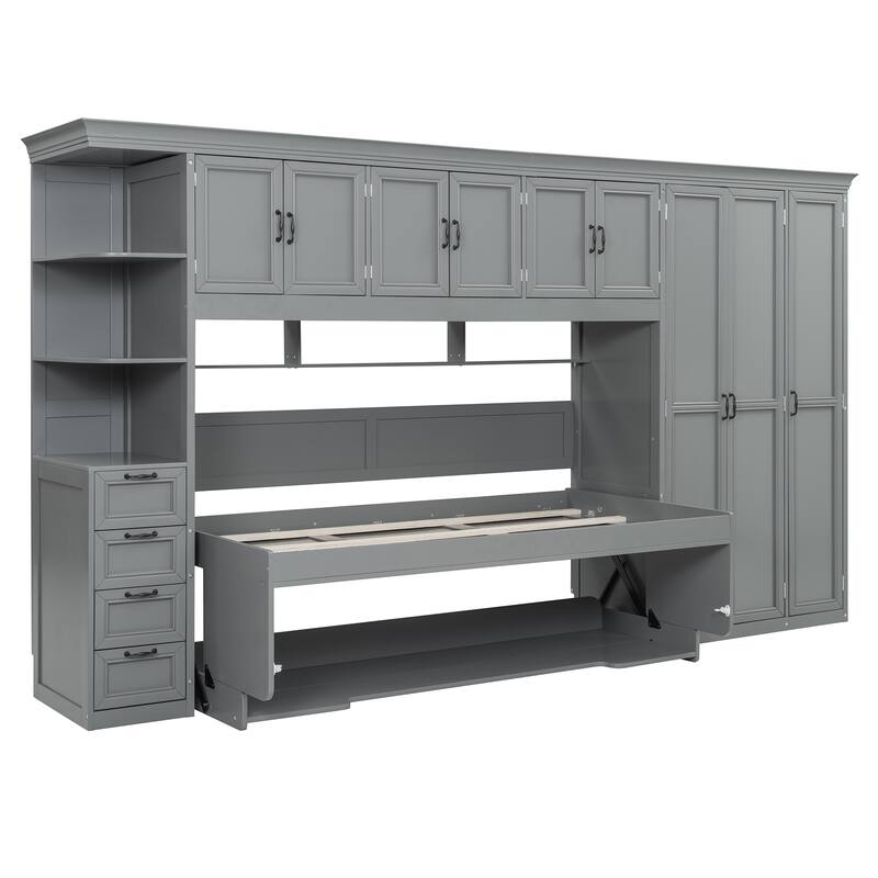 Roomfitters Twin Size Wall Murphy Bed with Wardrobe, Cabinet & Foldable Desk