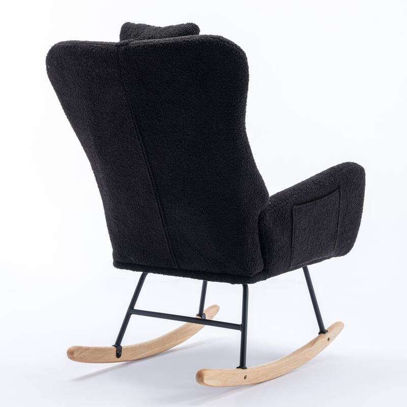 Teddy Fabric Wingback Rocking Chair for Nursery with Safe Solid Wood Base