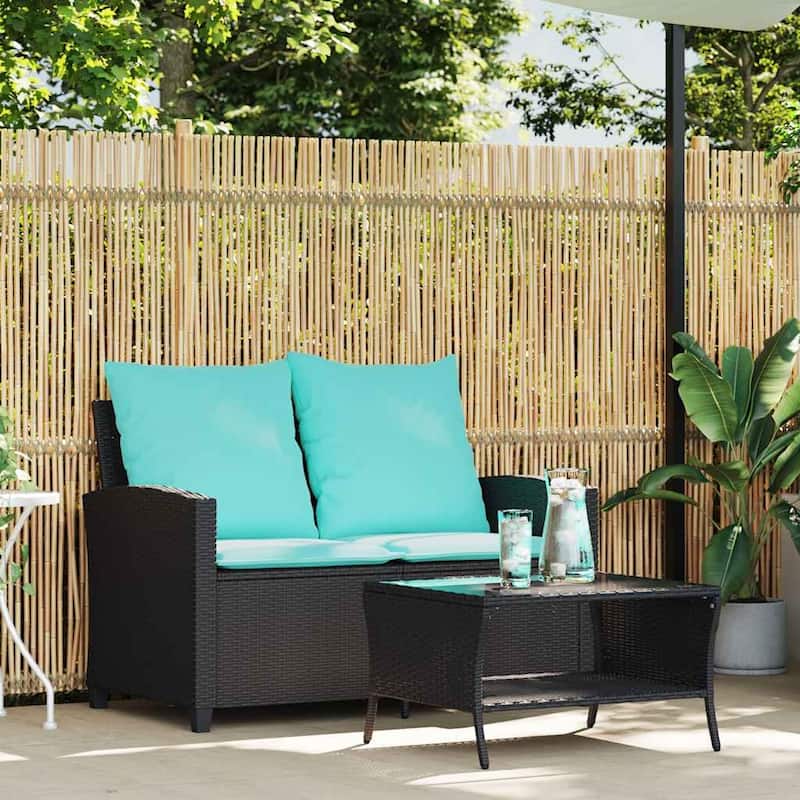 vidaXL Patio Sofa 2-Seater with Cushions&Table Black/Brown Poly Rattan - 45.7" x 28.3" x 31.1"