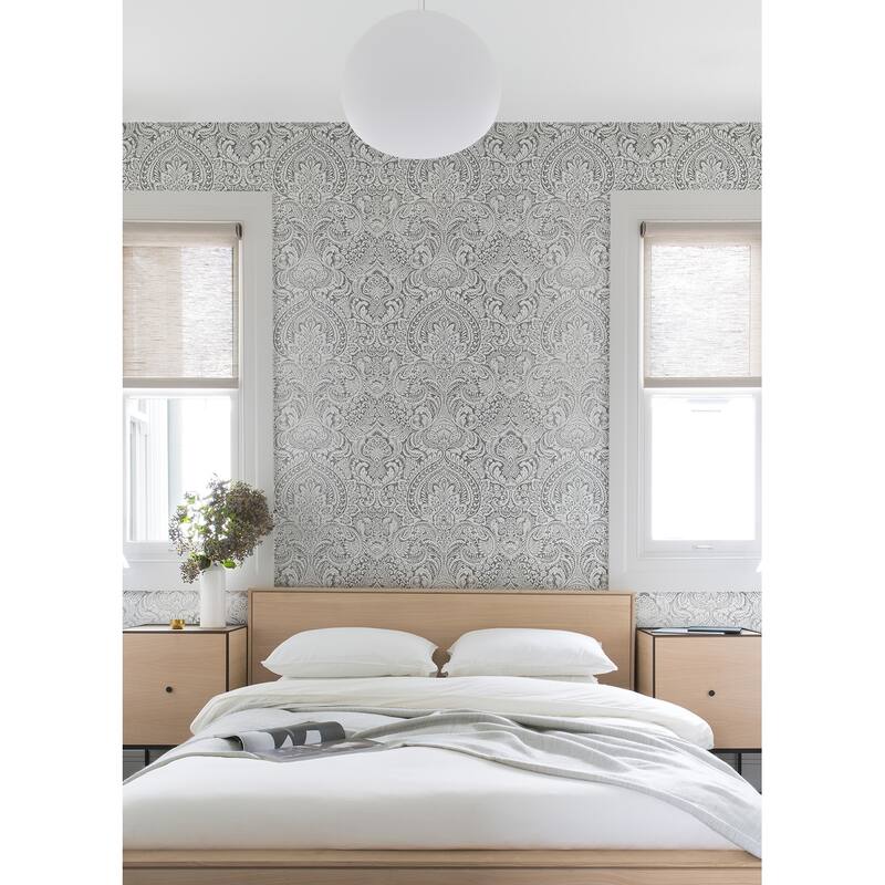Damask Dole Artemis Silver Floral Damask 33 feet long X 20.9 inch wide Wallpaper Roll
