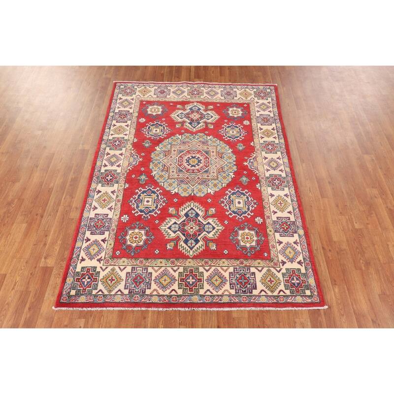 Geometric Kazak Oriental Area Rug Handmade Red Wool Carpet - 4'11" x 7'1"