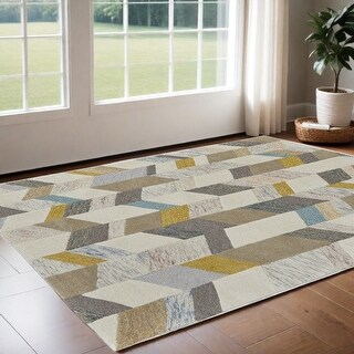 HomeRoots 2' X 3' Ivory Taupe And Blue Wool Geometric Tufted Handmade ...