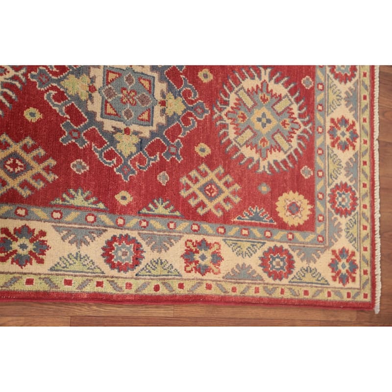 Geometric Red Kazak Oriental Foyer Rug Hand-Knotted Wool Carpet - 2'7" x 4'1"