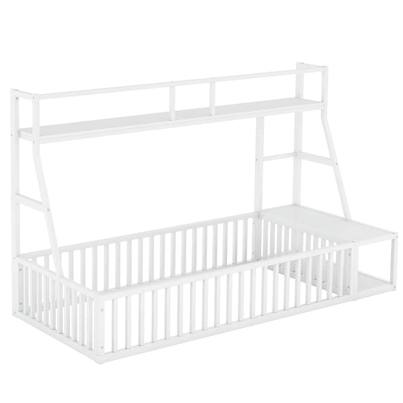 Twin Size Metal Floor Bed Frame with Safety Fence, Desk and Storage Shelves, Kids Playhouse, White