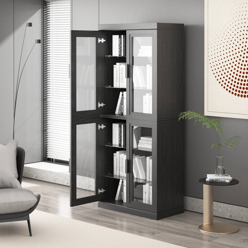 Wood Bookshelf Storage Cabinet with 2 Glass Door and Adjustable Shelf for Kitchen Bedroom Entryway Living Room Dinning Room