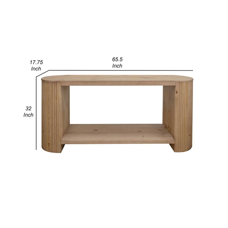 Izya 66 Inch Sofa Table, Bottom Shelf, Intricate Fluted Column Base, Brown