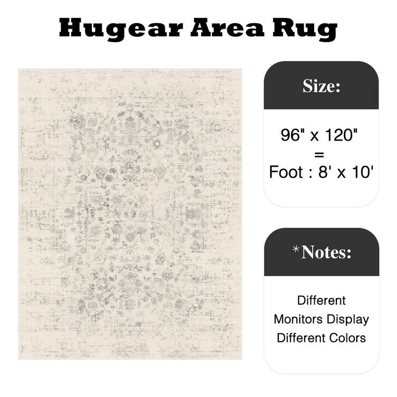Light Grey Machine Washable Area Rug Retro Floral Vintage Low Pile Carpet