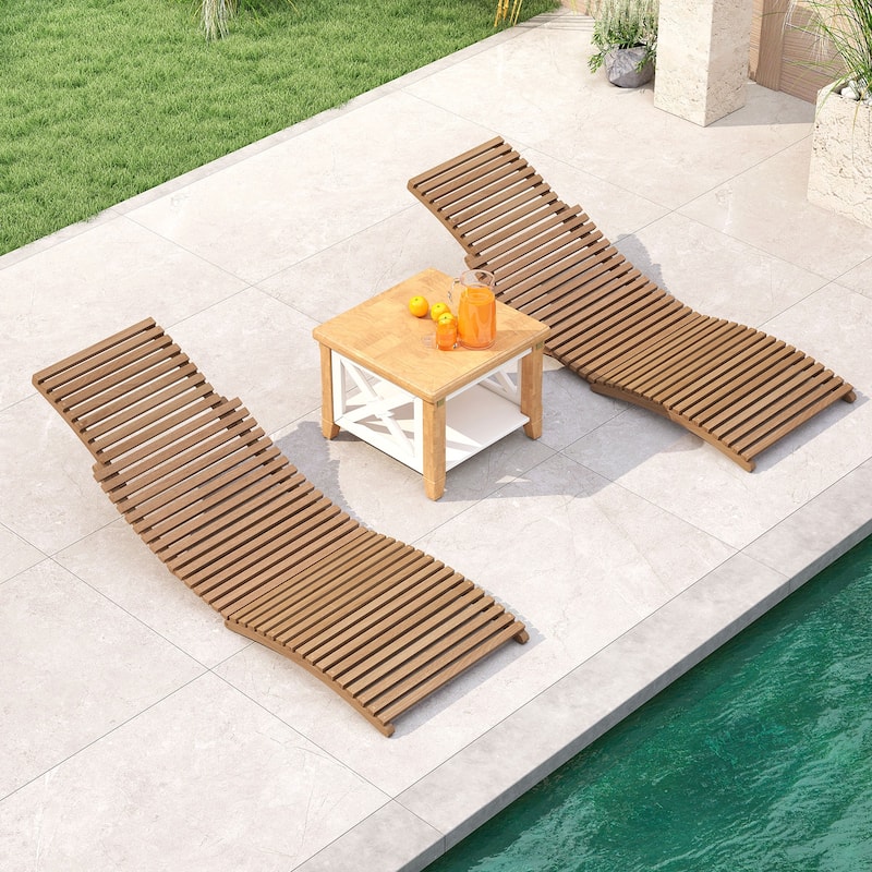 Gymax 2PCS Outdoor Folding Teak Wood Chaise Lounge Chair w/Curved