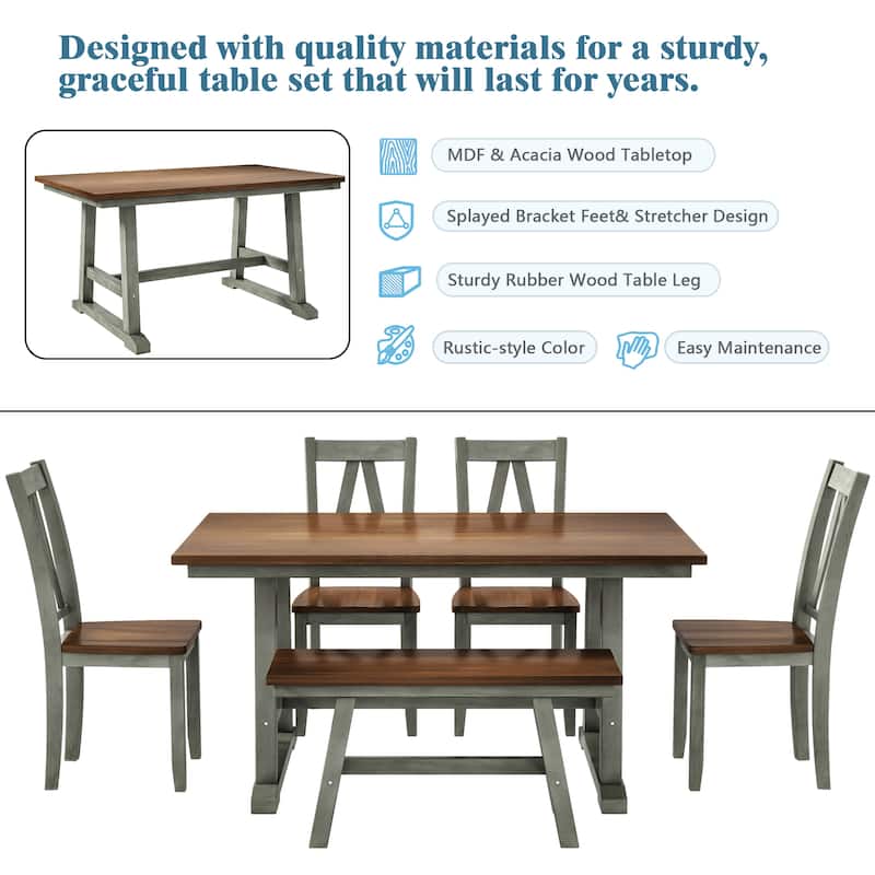 6-Piece Wood Dining Table Set Kitchen Table Set with Long Bench and 4 Dining Chairs, Farmhouse Style