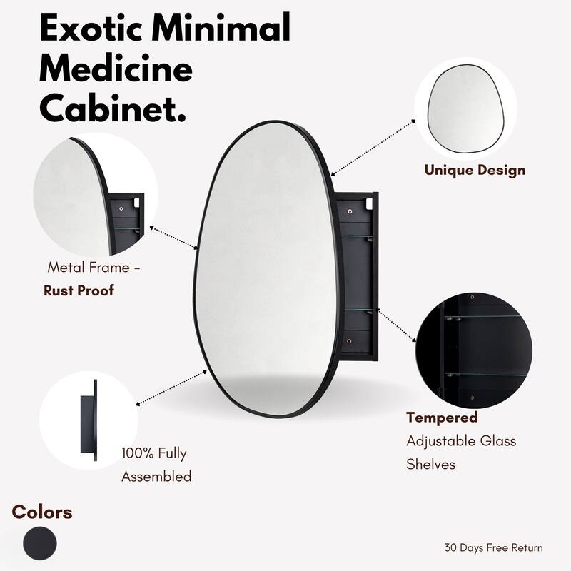 TEHOME Black Surface-Mount Bathroom Medicine Cabinet – Mirror, Irregular Glass, Adjustable Shelves, Fully Assembled - 24" x 28"