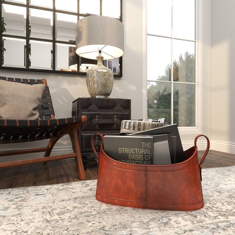 Brown Leather Handmade Box Style Single Slot Magazine Holder with Detail Stitching and Curved Handles