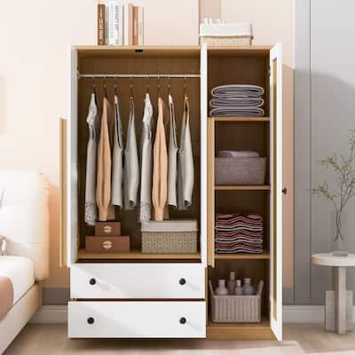 Rattan Wardrobe Armoire Closet Cabinet with Hanging Rod & 2 Drawers