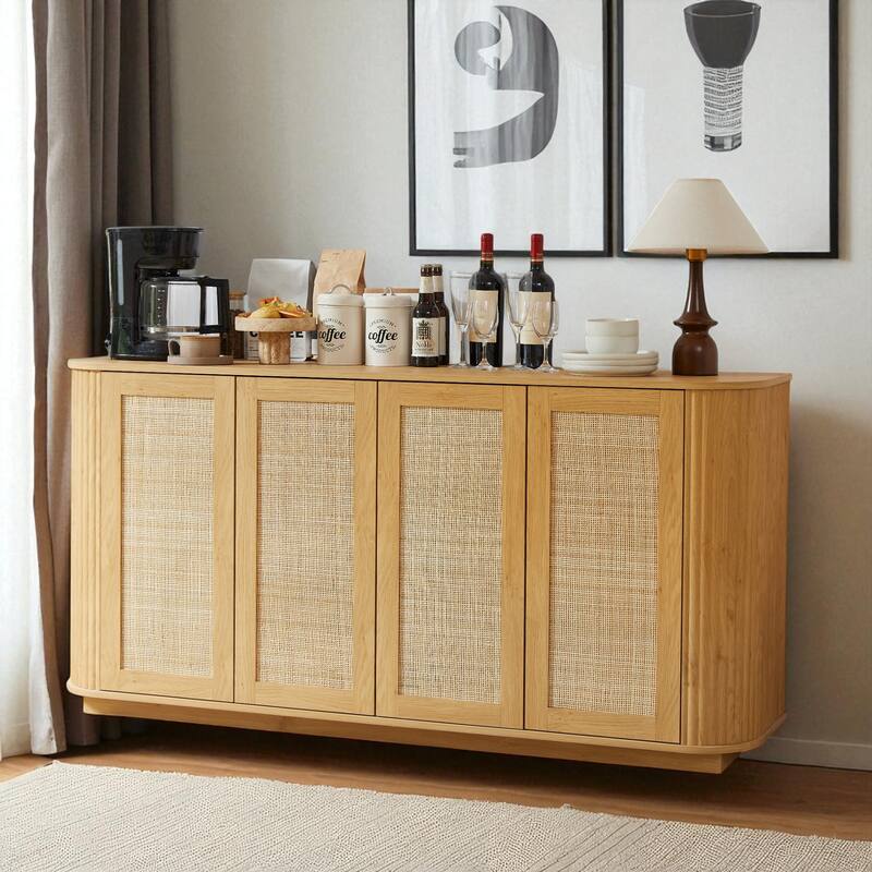 64" Wave Shape TV Stand with Rattan Doors, Modern Sideboard Buffet Storage Cabinet, Natural Wood Console for Entryway