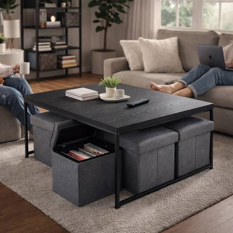 All 5 Piece Coffee Table Set, Oak Black Top with 4 Nesting Storage Bins