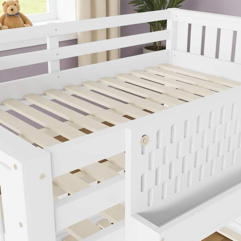 Queen over Queen Bunk Bed with Ladder, Guardrails, Pegboard Storage & Built-In Bookshelf, Solid Wood Frame