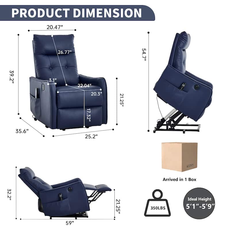PU Leather Recliner with Single Motor Lift Massage Heat and 155 Degree Recline
