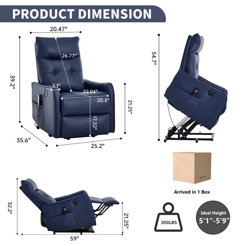 Power Lift Recliner Chair with Massage & Heat, PU Leather Single Motor Heavy Duty Recliner Chair, Lounge Chair with USB Port - Blue