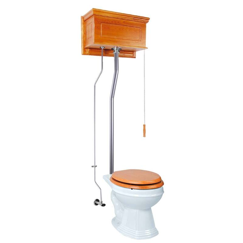 High Tank Toilet - Light Oak Wooden Raised Tank, Satin L Pipes and Round White Bowl Renovators Supply