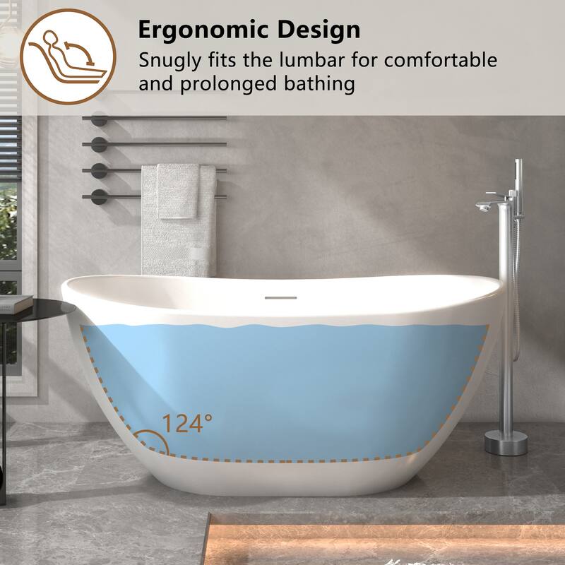 CASAINC Matte White Soaking Bathtub Solid Surface Stone Bathtub with Center Drain