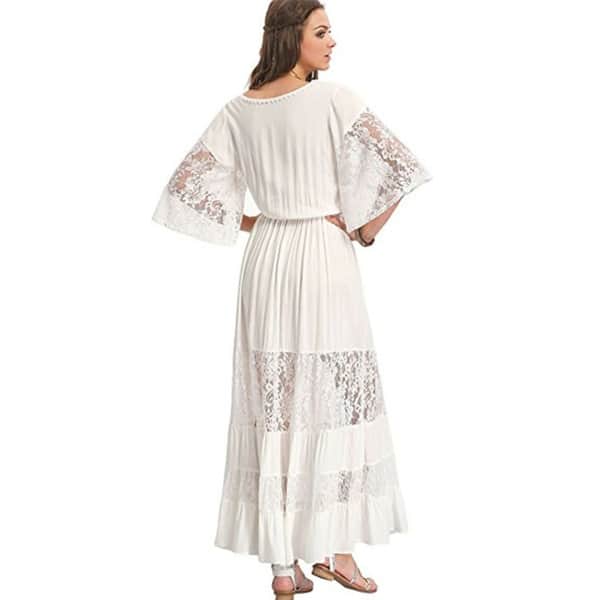 Kentiuttd Women's Bohemian Drawstring Waist Lace Splicing White Long Maxi  Dress - Overstock - 27110548