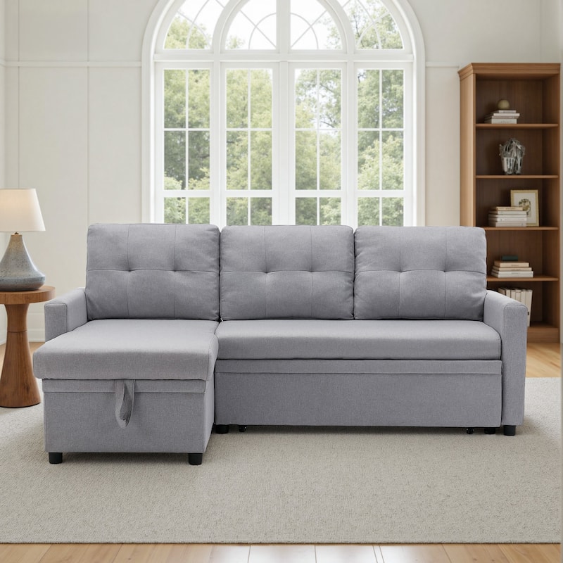 79" W L Shaped Reversible Convertible Pull Out Couch Bed Sleeper Sofa - Light Grey-Linen