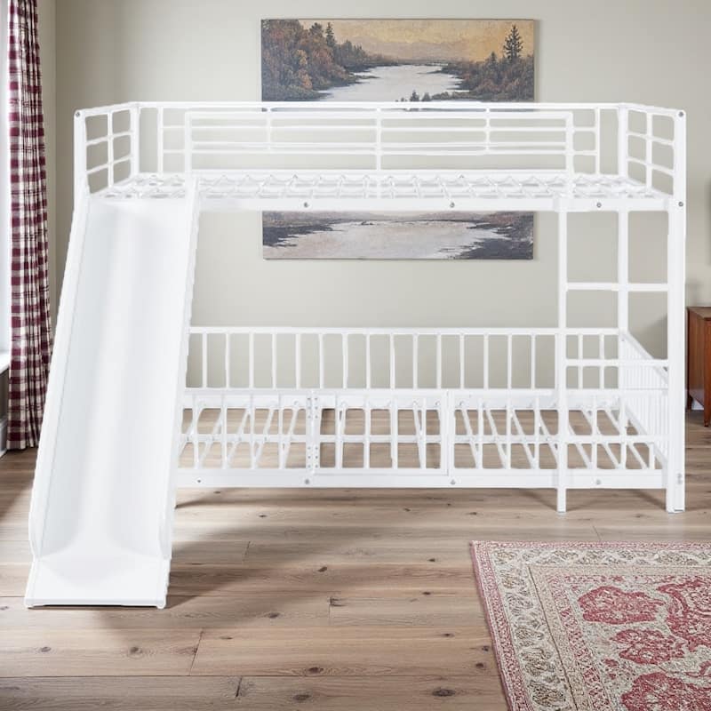 Slide-Equipped Metal Bunk with Guardrails and Detachable Ladder and Stair Options - Full White - Full