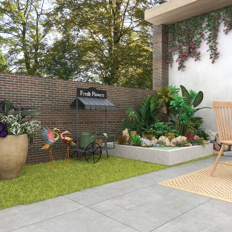 Multi Colored Metal Indoor Outdoor Embossed Standing Flamingo Decorative Garden Sculpture with Coiled U Shaped Feet (Set of 2)