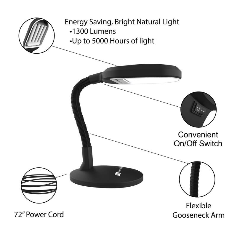 Lavish Home Gooseneck Natural Sunlight LED Desk Lamp, Black
