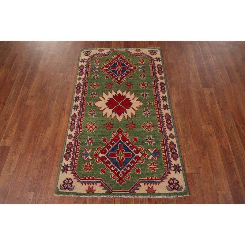 Green Oriental Geometric Kazak Foyer Rug Hand-Knotted Wool Carpet - 2'7" x 4'5"