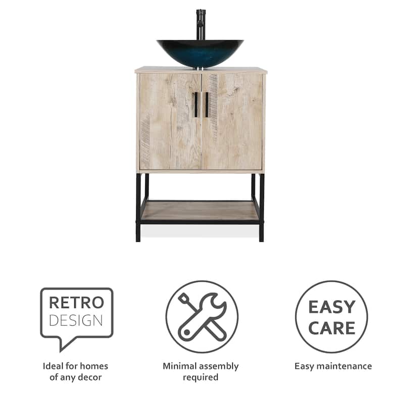24" Bathroom Vanity Sink Combo Oak Cabinet Vanity Tempered Glass/Ceramic Sink