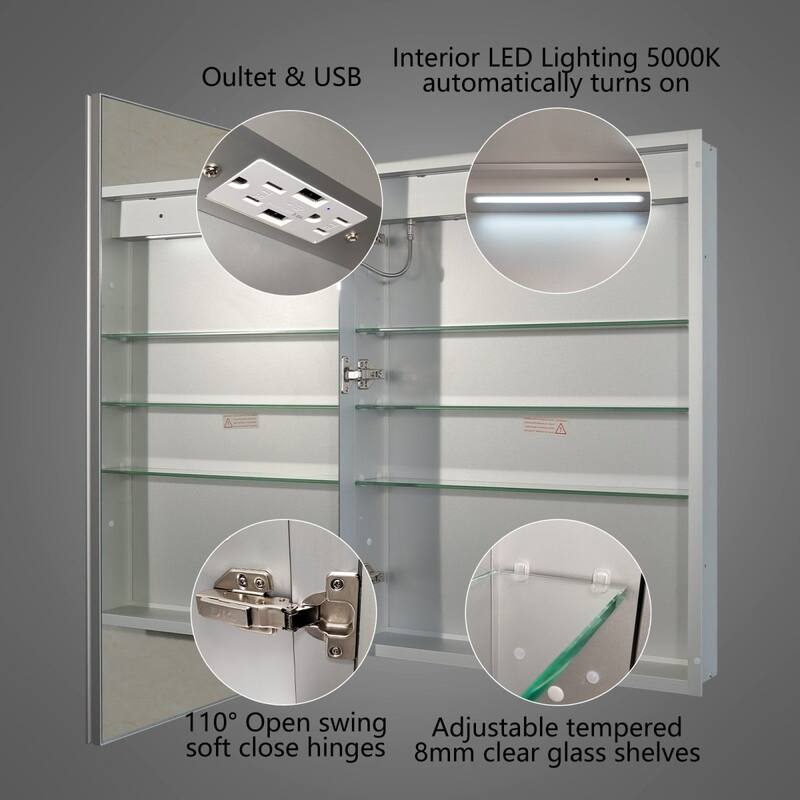 ExBrite 24" W x 32" H Led Lighted Medicine Cabinet Recessed or Surface with mirrors