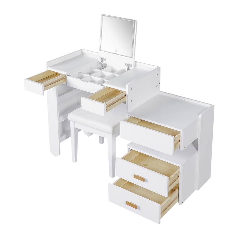 Bedroom Dressing Table and Stool Set of 2, 3-in-1 Makeup Vanity Desk with 3-Color Lighted Mirror & Retractable Side Cabinet