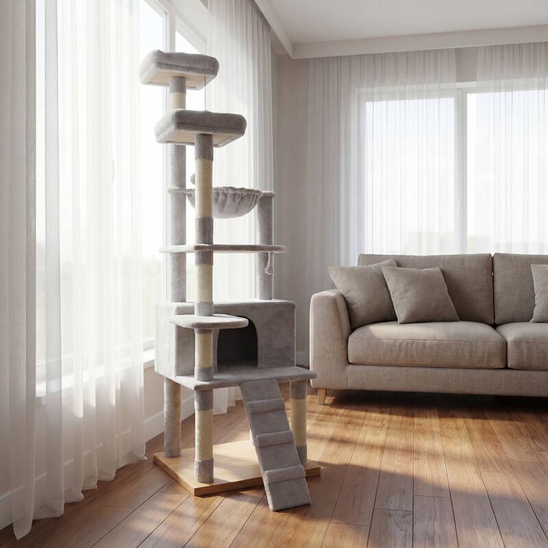 71 in Tall Cat Tree with Hammocks, 2 Top platform, Cat Cave, Scratching Posts, Plush Cat Tower for Indoor Cats - Gray
