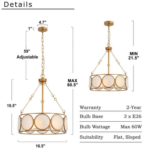 dimension image slide 1 of 2, Modern Farmhouse 3-Light Antiqued Gold Drum Chandelier Glass Pendant Lights for Dining Room - 16.5" D x 19.5" H