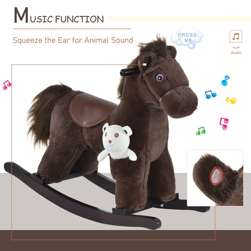 Plush Rocking Horse with Bonus Bear Toy and Sound for Toddlers Wooden Base - 25.5" L x 10.25" W x 21.75" H