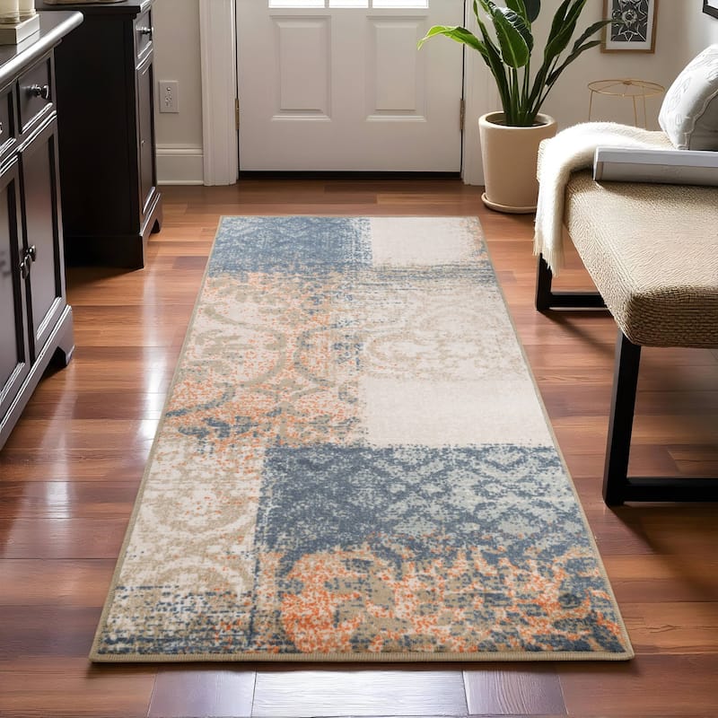Superior Bristol Distressed Abstract Damask Indoor Runner or Area Rug - 2' 7" x 6' - Midnight Navy/Salmon
