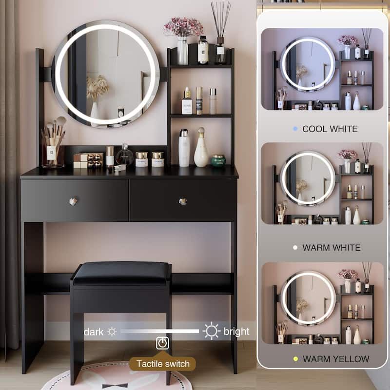 17"Round LED Mirror Vanity Table + Soft Cushion Stool Set,Large Mirror,Adjustable Brightness,Multi-layer High Capacity Storage