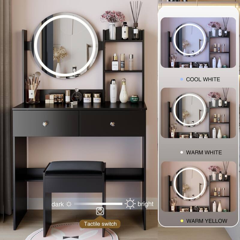Round LED Mirror Vanity Table, Dressing Set with Cushioned Stool, Makeup Cabinet with Touch Mirror & Multi-layer Storage