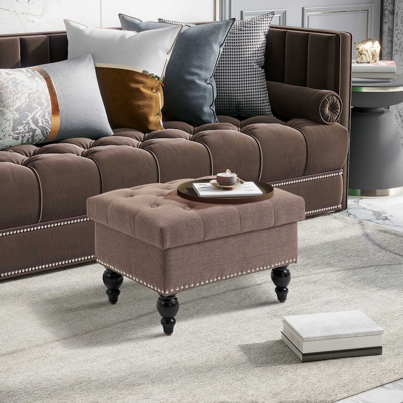 Multi-Functional Storage Ottoman with Rubberwood Legs and Tufted Lid for Bedroom or Living Room