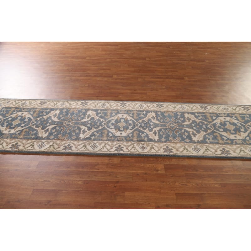 Floral Blue Oushak Oriental Runner Rug Handmade Wool Carpet - 2'8"x 9'10"