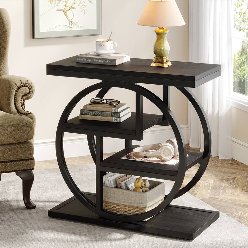 Industrial 4-tier Wood Narrow Side End Table with Storage Shelves - 1 PC - Black